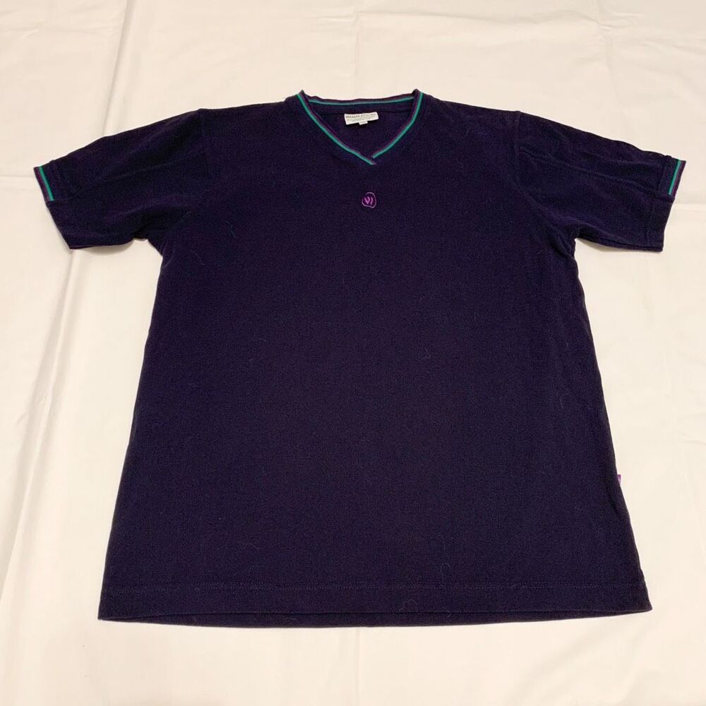 Wimbledon vintage tennis croquet logo V Neck woven top navy 100% cotton sz M